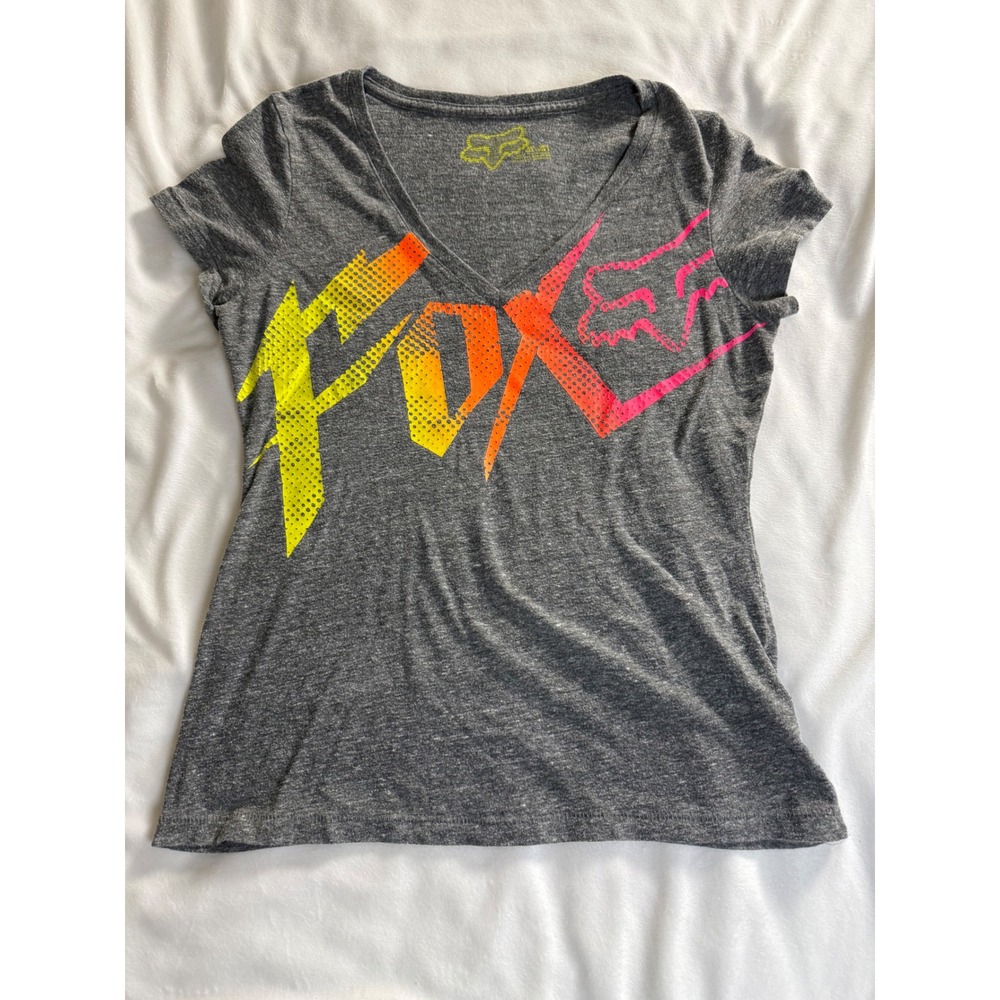 Fox Racing Womens V-Neck Graphic Tee Grey Neon Logo Tri-Blend Shirt Small